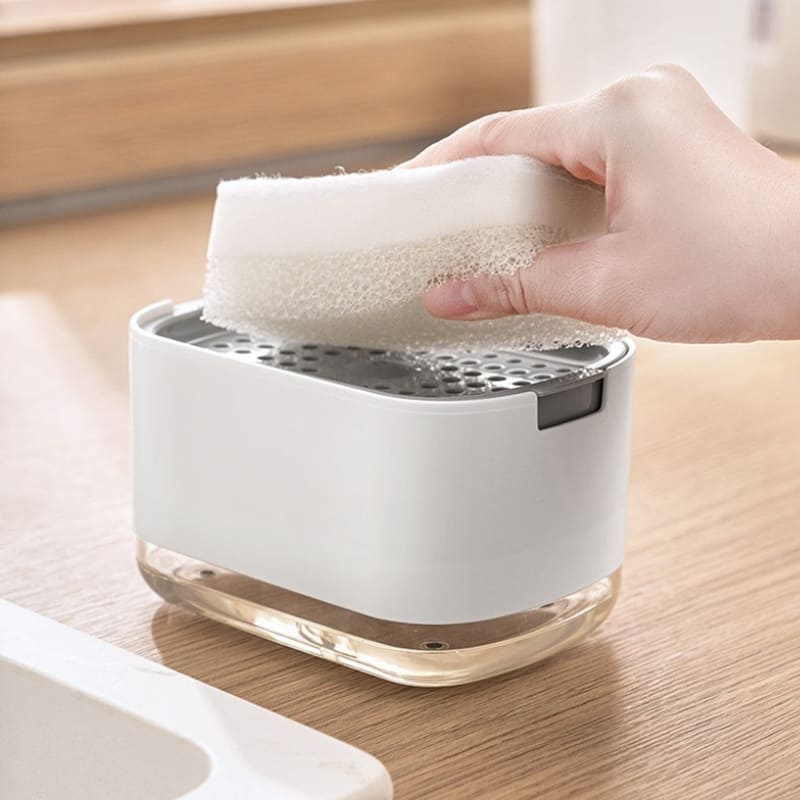 Wasmiddel dispenser en sponshouder voor gootsteen
