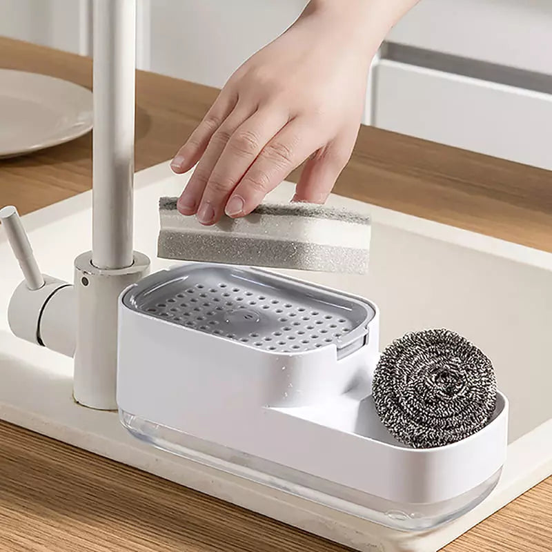 Wasmiddel dispenser en sponshouder voor gootsteen